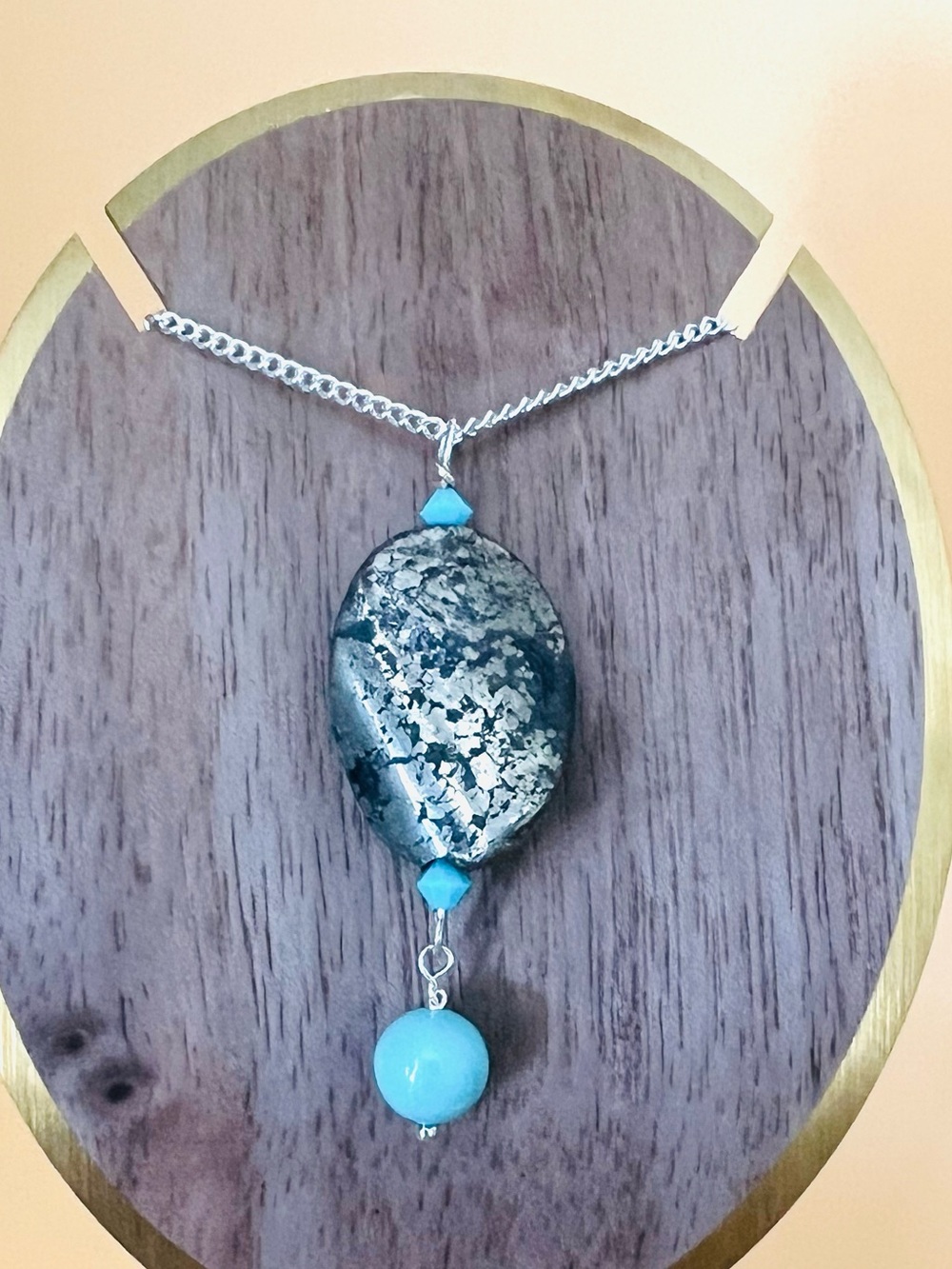 Oval metallic stone and Turquoise Pendant Necklace